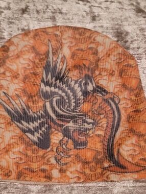 Ed Hardy Style Orange Graphic Beanie with Dragon Print